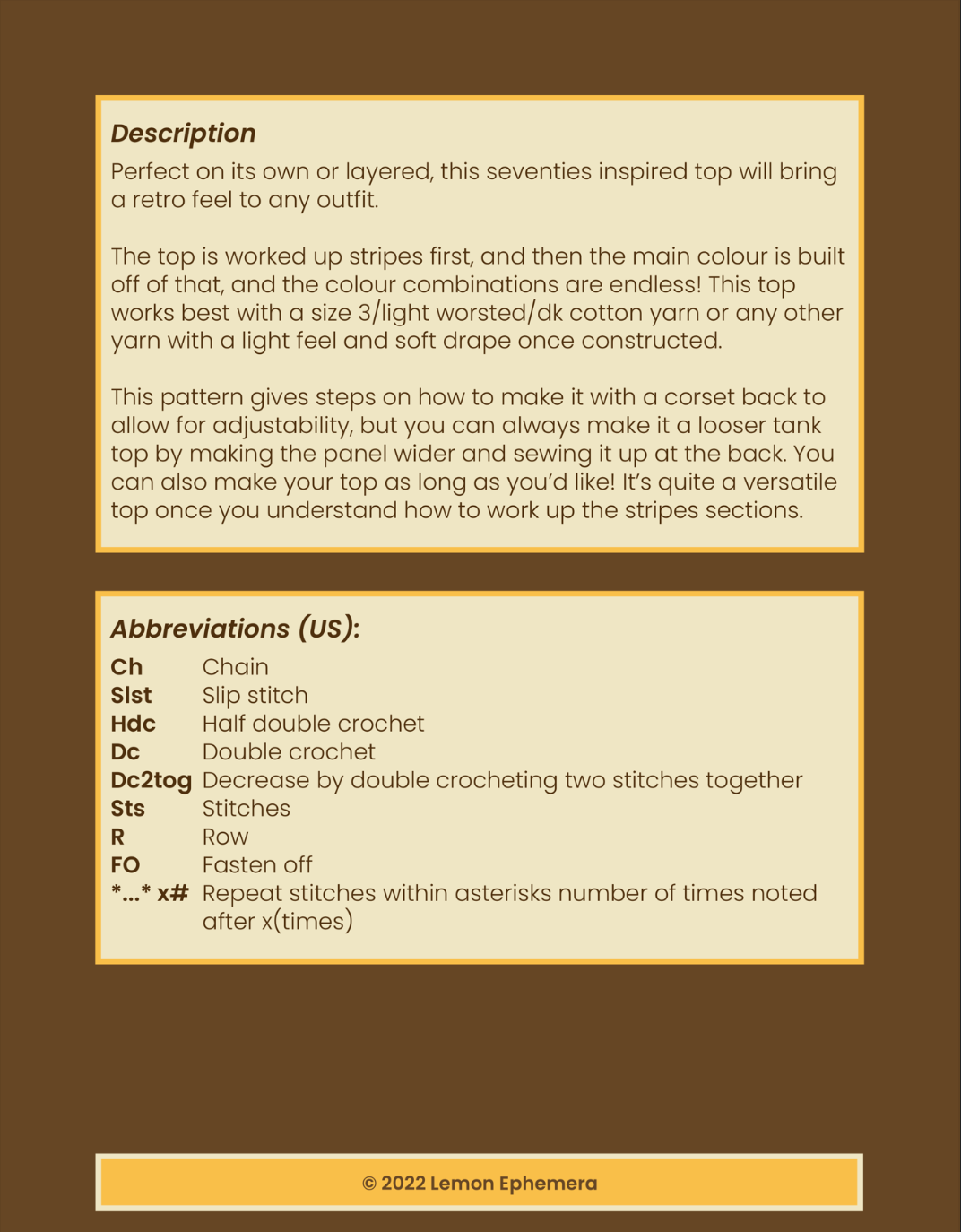 Second page of Seventies Supergraphics Top pattern with description and abbreviations used